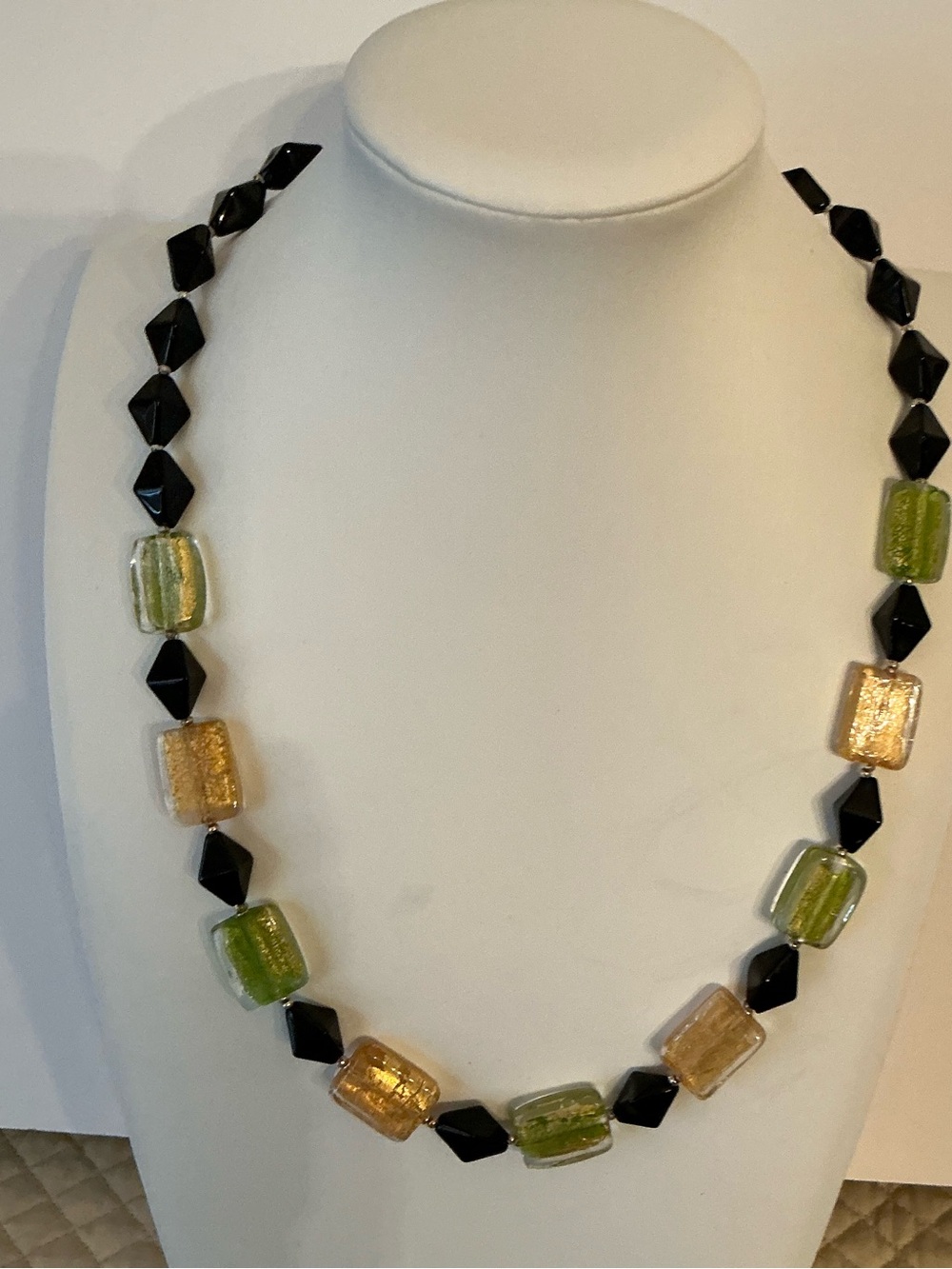 Green and Gold Glass Bead Necklace - Women's Jewelry